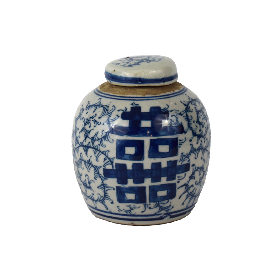 MINI BLUE & WHITE ANTIQUED DOUBLE HAPPINESS LIDDED JAR